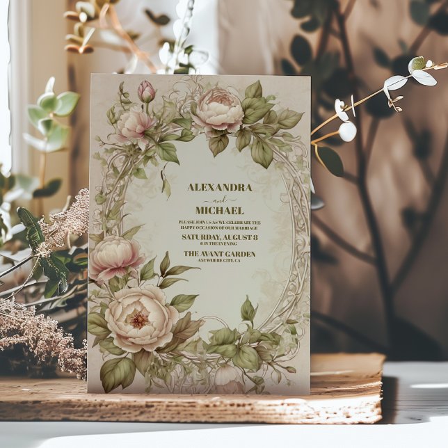 Vintage Art nouveau Blommigt Oliv grönt Bröllop Inbjudningar (Skapare uppladdad)