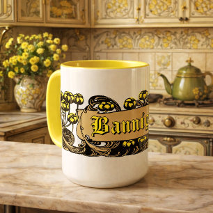 Vintage Art Nouveau Blommotiv Dekorativ Kartusch Mugg