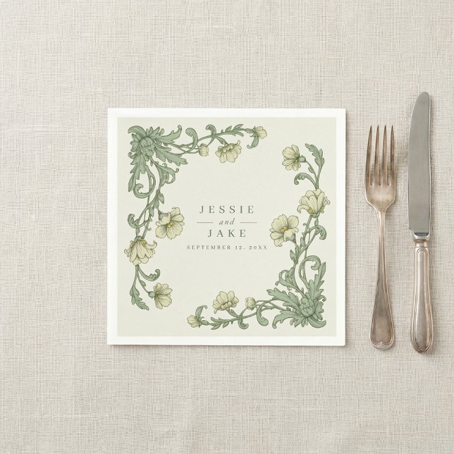 Vintage Art Nouveau blomsterkant bröllop Pappersservett (Vintage style Art Nouveau Floral Border Wedding Napkins)