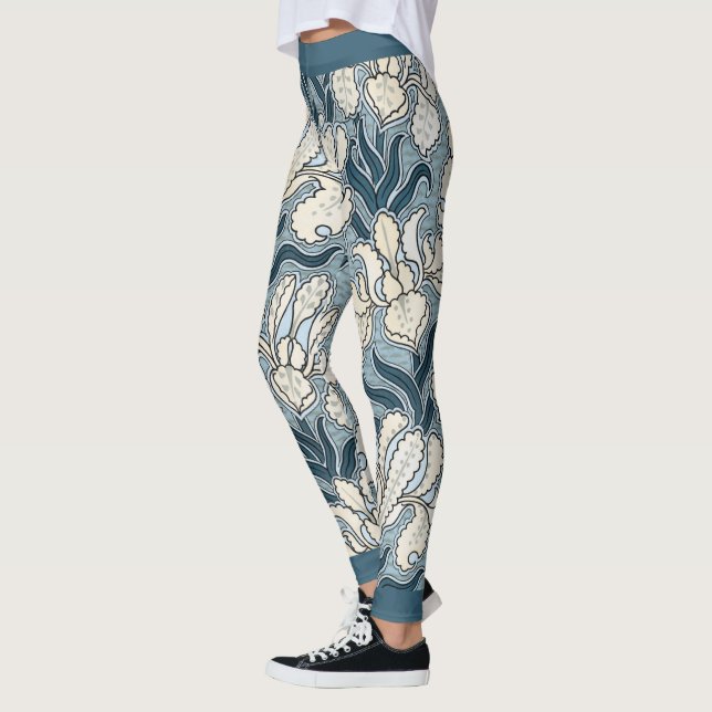 Vintage Art nouveau, Blue Garden Iris Flowers Leggings (Vänster)