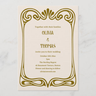 Vintage Art Nouveau Bröllop Elegant Guldbrun Inbjudningar
