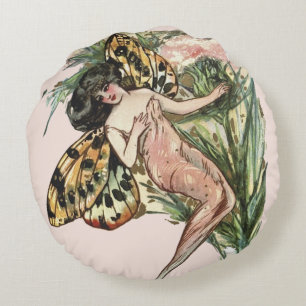 Vintage Art nouveau Butterfly Fairy Rund Kudde