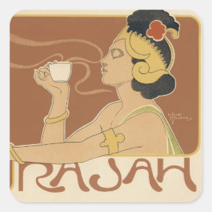 Vintage Art Nouveau Café Rajah, dam med kaffe Fyrkantigt Klistermärke