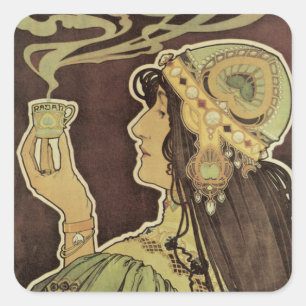 Vintage Art Nouveau Café Rajah, kvinna med kaffe Fyrkantigt Klistermärke