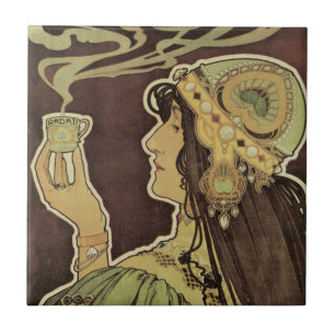 Vintage Art Nouveau Café Rajah, kvinna med kaffe Kakelplatta