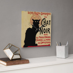 Vintage Art nouveau, Ce Soir Chatta Noir Black Cat Fyrkantig Klocka