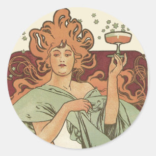 Vintage Art Nouveau, Champagne av Alphonse Mucha Runt Klistermärke