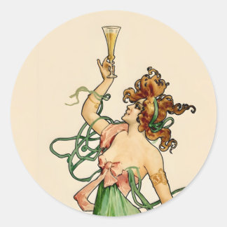 Vintage Art Nouveau Champagne Lady-illustration Runt Klistermärke