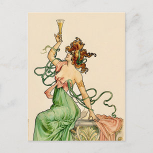 Vintage Art Nouveau Champagne Lady-illustration Vykort