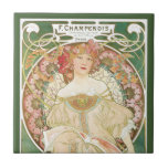 Vintage Art nouveau, Champenois av Alphonse Mucha Kakelplatta<br><div class="desc">Vintage illustration av Art nouveau-reklamen poster design med F. Champenois Imprimeur-Editeur av Alphons Mucha,  c. 1899 Champenois är en dialekt,  språket i Champagneregionen i Frankrike. En vacker annons för fransk av blommigt med en kvinnlig  i en blommande klänning med bok eller tidskrift med blommor som omger henne.</div>