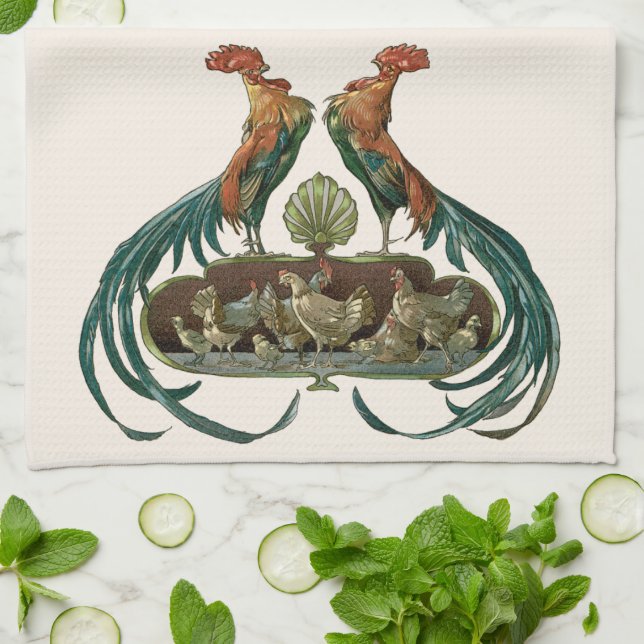 Vintage Art nouveau Chickens och Tuppar Kökshandduk (Vikta)