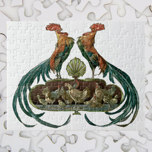Vintage Art nouveau Chickens och Tuppar Pussel