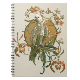 Vintage Art nouveau, Cockatoo Bird, Orchid Flowers Anteckningsbok Med Spiral