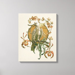 Vintage Art nouveau, Cockatoo Bird, Orchid Flowers Canvastryck