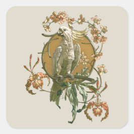 Vintage Art nouveau, Cockatoo Bird, Orchid Flowers Fyrkantigt Klistermärke
