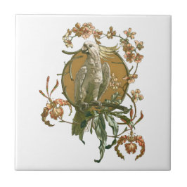 Vintage Art nouveau, Cockatoo Bird, Orchid Flowers Kakelplatta