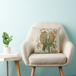 Vintage Art nouveau, Cockatoo Bird, Orchid Flowers Kudde