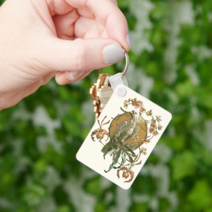 Vintage Art nouveau, Cockatoo Bird, Orchid Flowers Nyckelring
