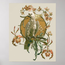 Vintage Art nouveau, Cockatoo Bird, Orchid Flowers Poster