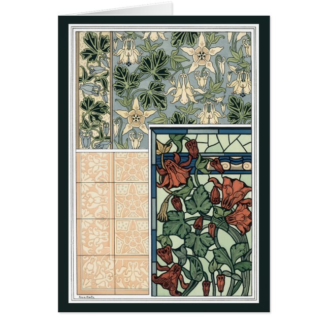 Vintage Art nouveau, Columbine Aquilegia Flowers Hälsningskort (Framsidan)
