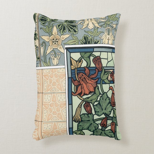 Vintage Art nouveau, Columbine Aquilegia Flowers Prydnadskudde (Framsidan(Vertikal))