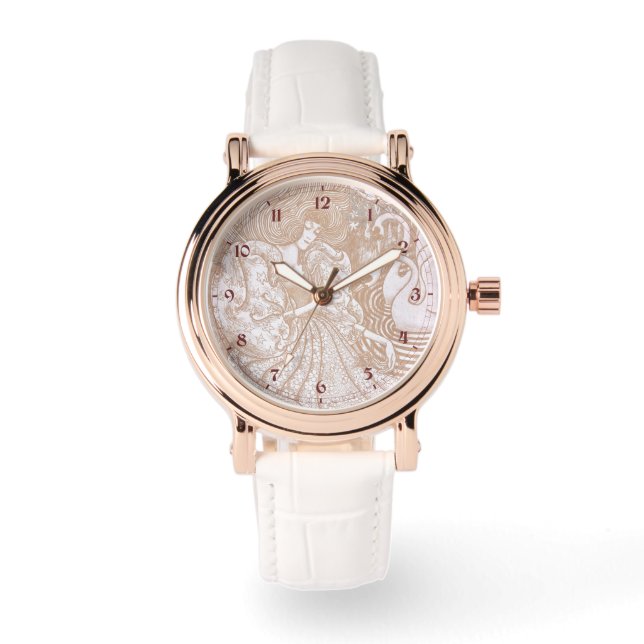 Vintage Art nouveau Cream Blommigt Woman & Svanar Armbandsur (Framsida)