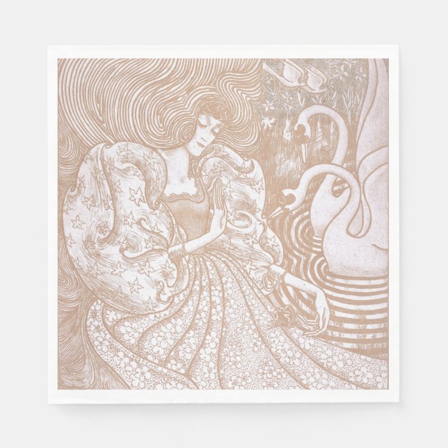 Vintage Art nouveau Cream Blommigt Woman & Svanar Pappersservett (Framsidan)