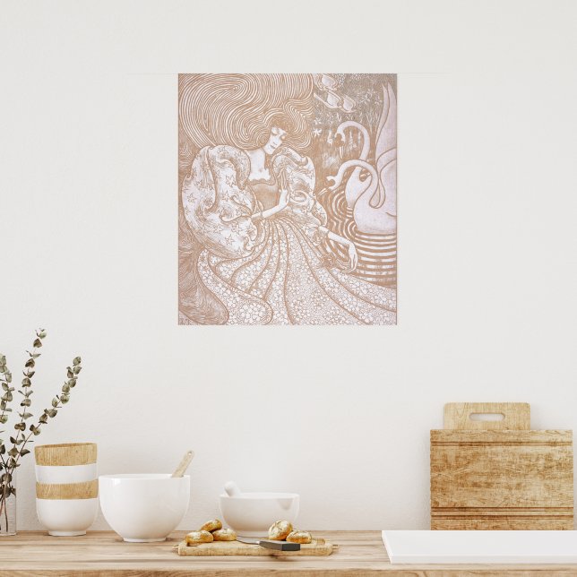 Vintage Art nouveau Cream Blommigt Woman & Svanar Poster (Kök)
