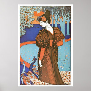 Vintage Art nouveau Dam med Peacocks Poster