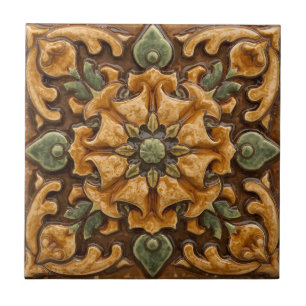 Vintage Art Nouveau Deco Majolika Blommig Hantverk Kakelplatta