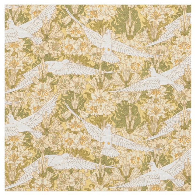 Vintage Art nouveau Doves and Lilies Mönster Tyg (Närbild)