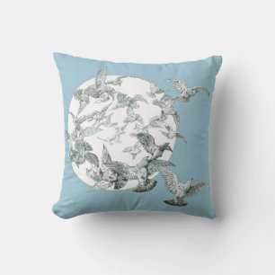 Vintage Art Nouveau fågelflock med fullmåne Kudde
