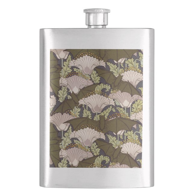 Vintage Art Nouveau Flädermus och Vallmo Blommönst Fickplunta (Framsidan)