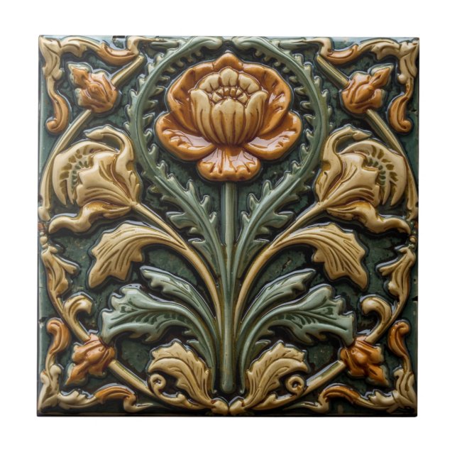 Vintage Art Nouveau  Floral Craftsman Kakelplatta (Framsidan)