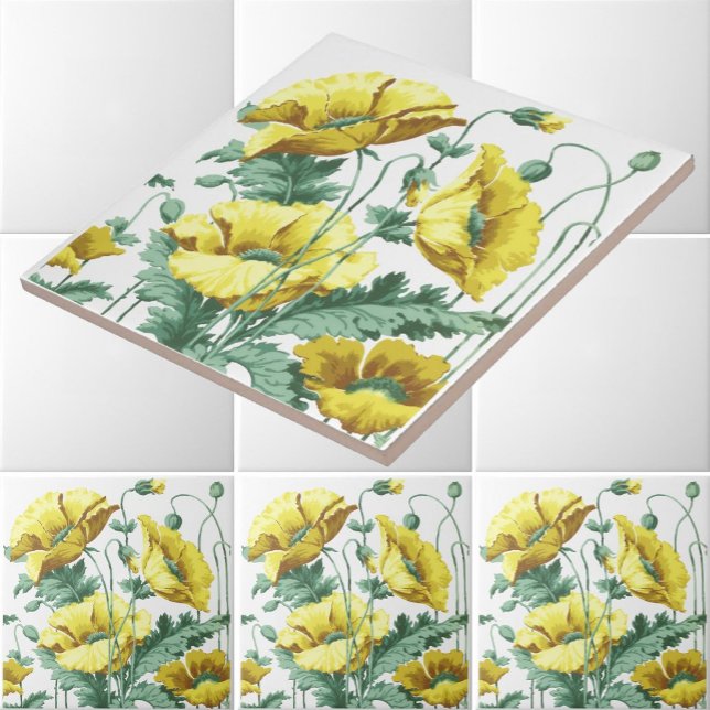 Vintage Art nouveau Gult Poppies Frieze Mönster Kakelplatta (Skapare uppladdad)