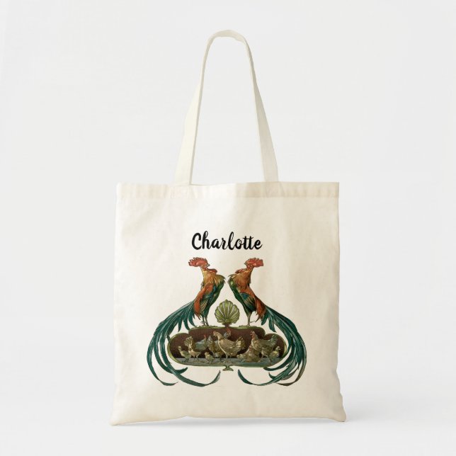 Vintage Art Nouveau höns och tuppar Tygkasse (Framsidan)
