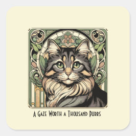 Vintage Art nouveau Inspired Cream & Grönt Cat Fyrkantigt Klistermärke