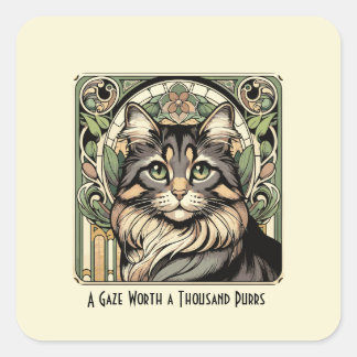 Vintage Art nouveau Inspired Cream & Grönt Cat Fyrkantigt Klistermärke