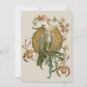 Vintage Art Nouveau, Kakadu-fågel, Orkidéblommor