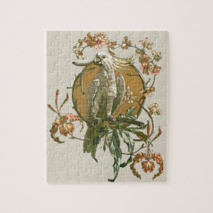 Vintage Art Nouveau, kakadua fågel, orkidé blommor Pussel