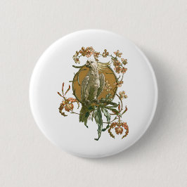 Vintage Art Nouveau, kakaduafågel, orkidéblommor Knapp