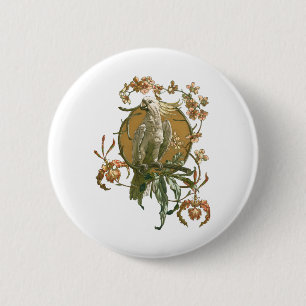 Vintage Art Nouveau, kakaduafågel, orkidéblommor Knapp
