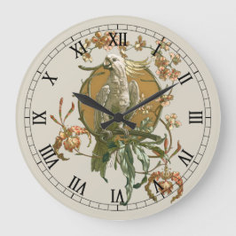 Vintage Art Nouveau, kakaduafågel, orkidéblommor Stor Klocka