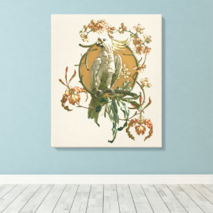 Vintage Art Nouveau, Kakaduofågel, Orkidéblommor Canvastryck