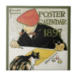 Vintage Art nouveau, konstnärlig målning med sälls Kakelplatta<br><div class="desc">Vintage illustration Victorian Art nouveau reklamdesign,  Poster Calendar av Edward Penfield,  1897. Den här reklamen har en artist som bär en beret och som röker ett rör när han målar på en arbetsyta. Hans sällskapsdjur,  Katt,  tittar på.</div>