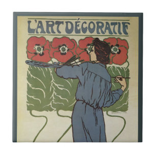 Vintage Art Nouveau, konstnärsmålning vallmo blomm Kakelplatta
