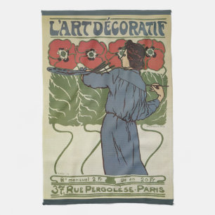 Vintage Art Nouveau, konstnärsmålning vallmofrukte Kökshandduk