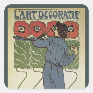 Vintage Art Nouveau, konstnärsmålning vallmoväxter Fyrkantigt Klistermärke