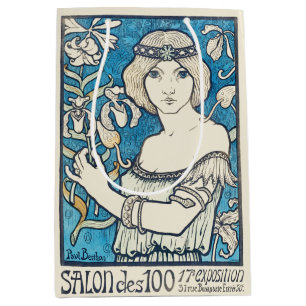 Vintage Art Nouveau Kvinna Blommig Affischtryck