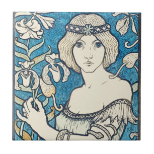 Vintage Art Nouveau Kvinna Blommig Affischtryck Kakelplatta